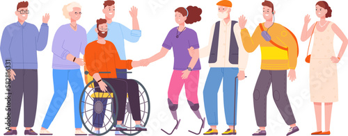 Disabled people friends. Students or elderly with special needs and friends, happy disability patient group diversity inclusion care handicap