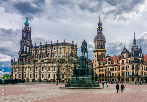 Dresden Cathedral, Castle and King Johann Statue on Theaterplatz square, Dresden, Germany