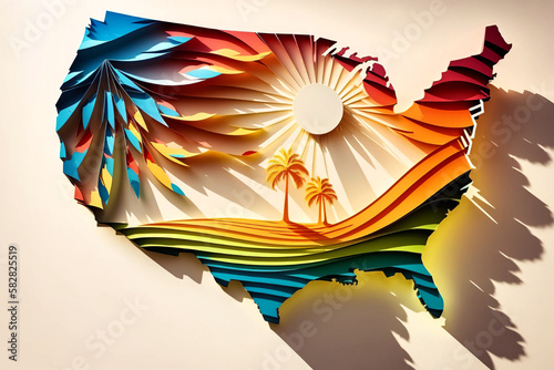 3D Paper Cutout Map of the United States with Shadows. Generative AI