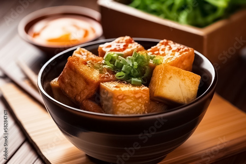 Stir fried tofu in a bowl with chopsticks and sauce. Generative AI. Vegan, vegetarian and asian food concept