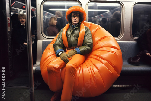 Man on New York City subway wearing absurd fashion with orange suspenders, matching hat and a giant, puffy bean bag appendage to sit on. generative AI