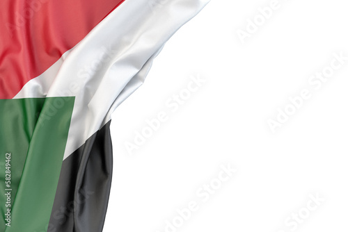 Flag of Sudan in the corner on white background. 3D rendering. Isolated