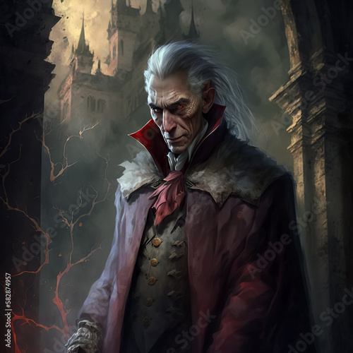 old vampire Count Dracula in red cloak in castle. Generative AI illustration