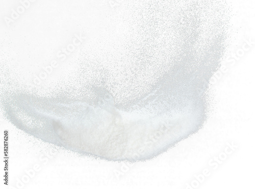 Million of white sand explosion, Photo image of falling down shower snow, heavy snows storm flying. Freeze shot on black background isolated overlay. Tiny Fine Salt sands as particle science