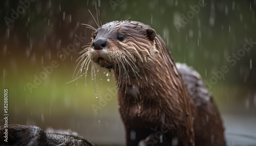 brown otter enjoying its day in the sun and the rain