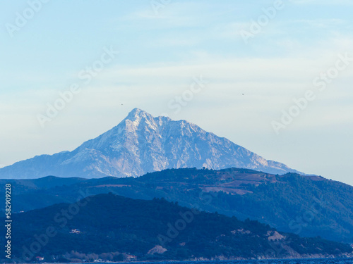 Snow-Capped Mount Athos or Olympus: A Majestic Sight