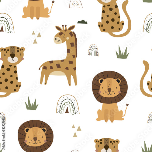 Cute cartoon nursery print. Vector safari print for wall decor in children's bedroom. Cute African animals characters - giraffe, lion, leopard - seamless pattern