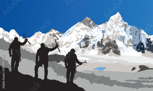mounts Everest and Nuptse from Nepal side as seen from Kala Patthar peak with black silhouette of three climbers with ice axe in hand, vector illustration, Nepal Himalaya mountain