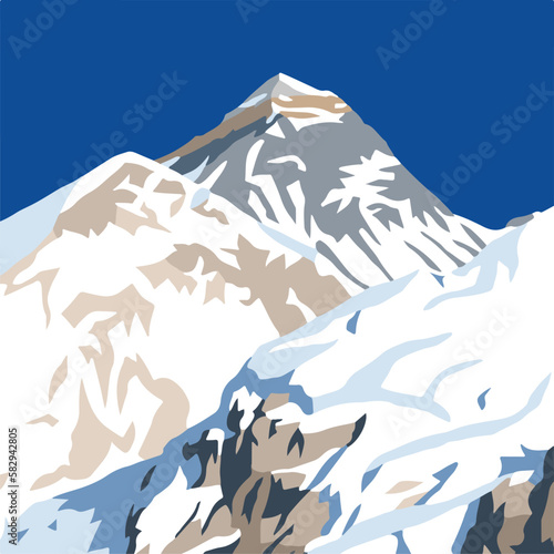 Top of mount Everest from Nepal side as seen from Kala Patthar peak, vector illustration, Mt Everest 8,848 m, Khumbu valley, Sagarmatha national park, Nepal Himalaya mountain