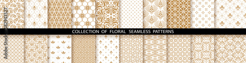 Geometric floral set of seamless patterns. White and gold vector backgrounds. Damask graphic ornaments