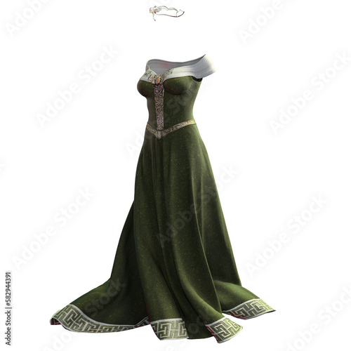 3D Illustration, 3D Rendering, Full length portrait of an isolated medieval fantasy gown with shimmery fabric and a jeweled circlet