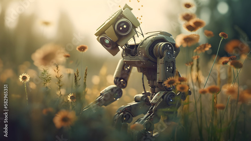 Auf dem Bild ist ein Roboter zu sehen, der in einem Blumenfeld steht. Der Roboter hat eine menschenähnliche Form und ist weiß lackiert