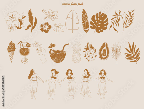 Collection of Summer Boho linear symbols, icons design. Tropical leaf, palm tree, fruits, hawaiian girls. Editable Vector Illustration.