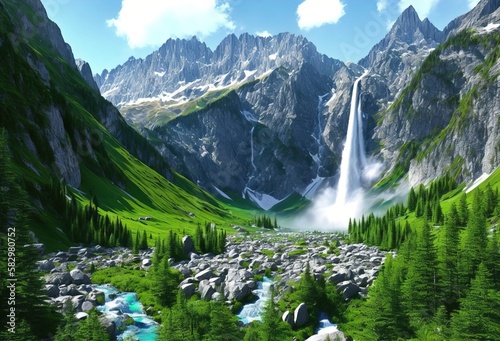 beautiful green mountain landscape waterfall generative ai