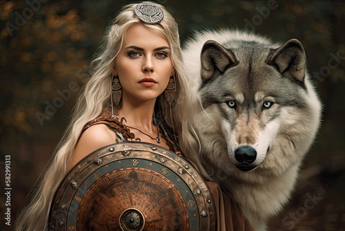 portrait of a viking shield maiden with a wolf guide - Created with generative AI technology