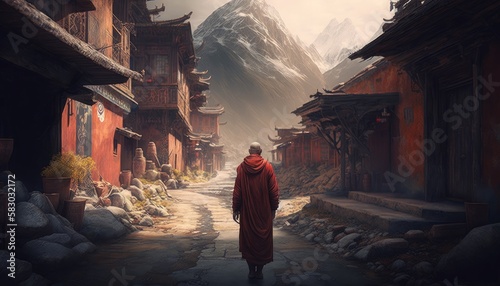 Tibetan monk in red robe walking on path among mountain village rear view, beautiful nature landscape of divine sacred concept, monk pilgrim traveling alone at breathtaking nature view, generative AI
