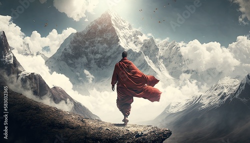 Tibetan monk in red robe walking on path among mountains rear view, beautiful nature landscape of divine sacred concept, monk pilgrim traveling alone outdoor at breathtaking nature view, generative AI