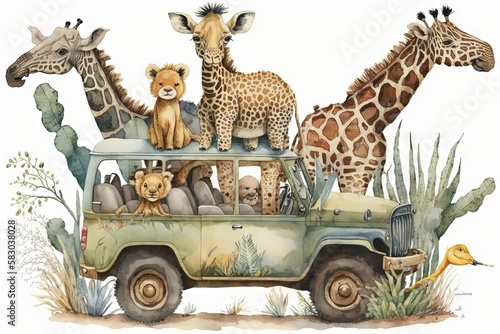 Baby safari animals in jeep illustration generative ai