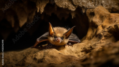 A bat hanging upside down in a cave Generative AI 