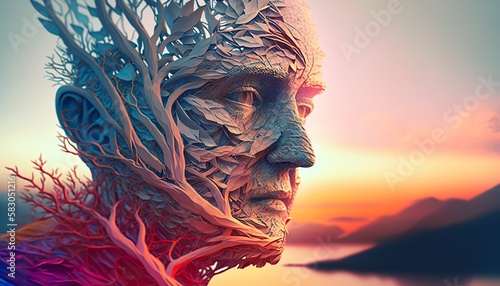 Man in perfect symbiosis with nature. Abstract illustration . Creative illustration. (Ai Generate)