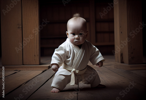 baby in a white kimono in a fighting position in a wooden dojo. Generate Ai