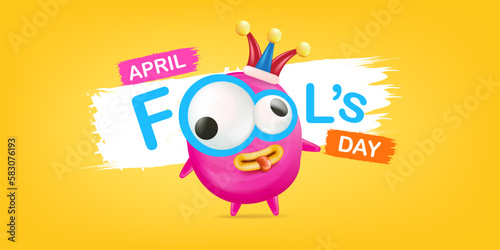 April Fools day funky horizontal banner with silly pink clown monster character isolated on orange background. 1 st april fool day banner, poster, label, flyer and greeting card. Fool day print