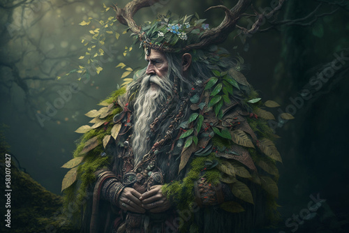  A wise druid communing with nature in a mystical forest, surrounded by verdant foliage and magical creatures. fantasy , Ai