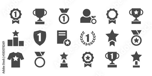 Set with award, award with number 1, one, trophy cup, trophy cup with star winner medal, trophy star, user with rating vector icon 