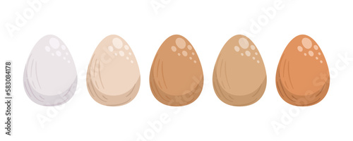 Kolekcja pięciu jajek w jasnych naturalnych kolorach. Posiłek, śniadanie. Jajka wielkanocne. Ilustracja wektorowa.