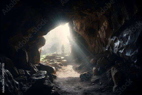 He is risen out of a dark stone cave into light - Generative AI