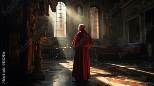 A cardinal in a christian church looking through the window, volumetric lights, generative AI