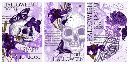 Set of 3 vector Halloween party invitations in engraving style. Graphic skull, flowers, skeletal hand, butterflies, spiders, heart
