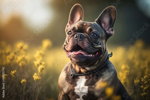 French bulldog sitting in yellow wildflowers and looking at camera