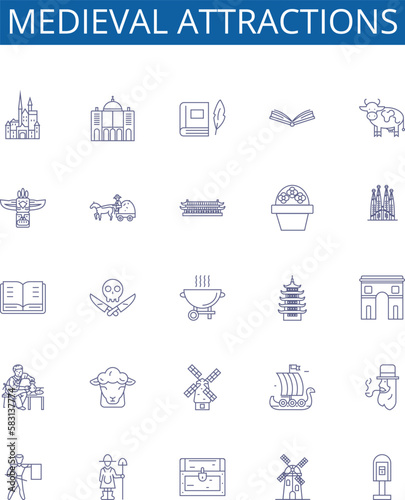 Medieval attractions line icons signs set. Design collection of Castles, Dungeons, Weapons, Armor, Cathedrals, Monasteries, Forts, Siege outline concept vector illustrations