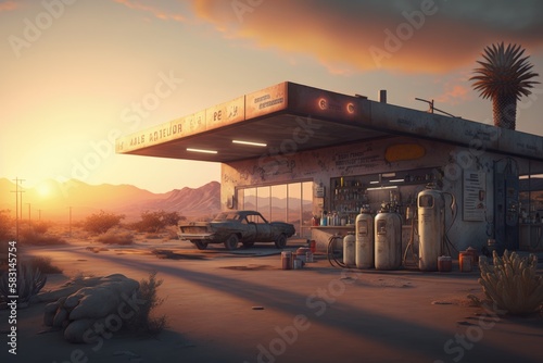 Gas station on a deserted country road at sunset, Generative AI