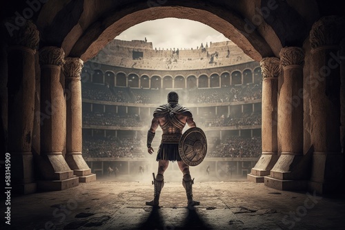 Roman gladiator inside the coliseum, Gladiator inside battle arena, Generative AI