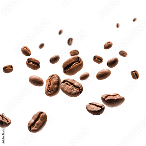 Coffee beans in flight on a white background