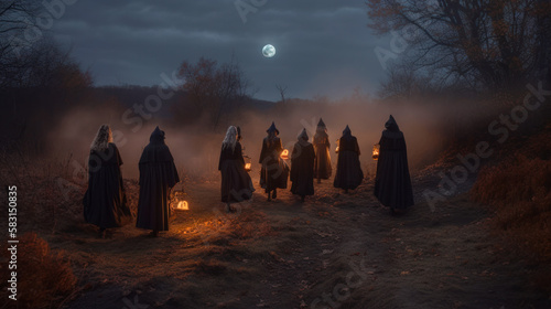 Coven of witches. viewed from the back. secret dark ceremony, ritual, Walpurgis night, Halloween. 