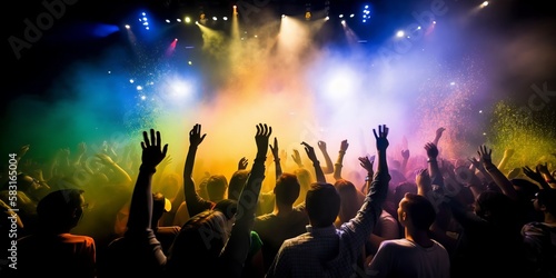Crowded concert festival with scene stage orange and yellow lights with colorful smoke rock show performance, people silhouette, colourful confetti explosion fired. Generative AI technology 