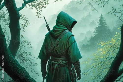 Hooded archer illustration, forest with green fog, fantasy concept. Generative AI