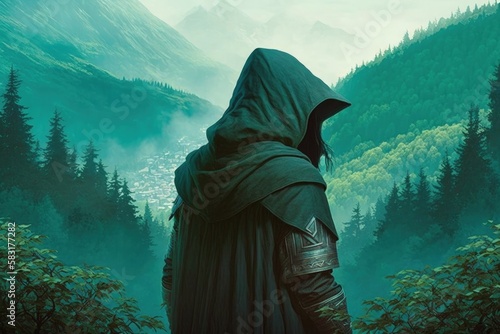 Hooded archer illustration, forest with green fog, fantasy concept. Generative AI