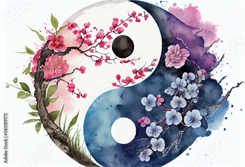 Watercolor Illustration of a Yin Yang Zeichen In Blau Rosa Mit Blumen. Generative AI