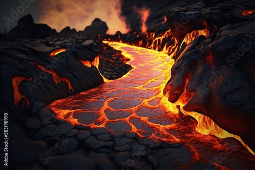 Fiery burning lava flows down the mountain. Natural element. AI generated.