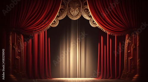 Red curtains of theater stage show spotlight, background for poster. Generation AI