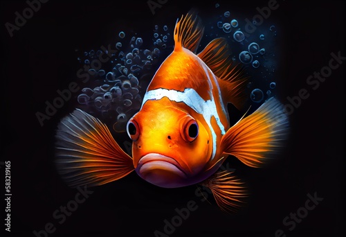 Watercolor Illustration of a Bright Orange Clownfish On Black Background. Close Up Image Of A Clown Fish Head And Eyes. Generative AI