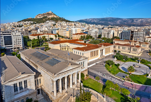 Aerial view of the "Neoclassical Trilogy" , the National Library, the old University and the Academy on Panepistimiou str., Athens, Greece.