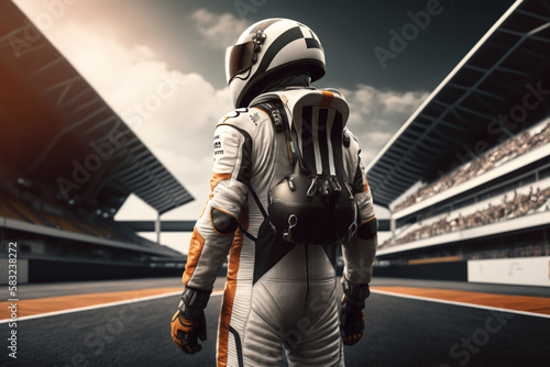 Formula 1 racer standing on race track stadium, generative ai