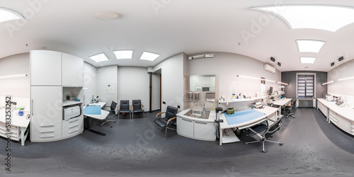 360 hdri panorama inside interior of modern research medical laboratory or ophthalmological clinic with equipment in equirectangular spherical projection. Generative Ai