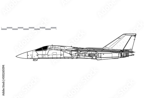 General Dynamics, Grumman F-111B with AIM-54 Phoenix missile. Vector drawing of carrier based interceptor aircraft. Side view. Image for illustration and infographics.