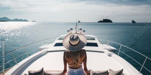 view from behind woman relaxing on a luxury boat. Generative ai
